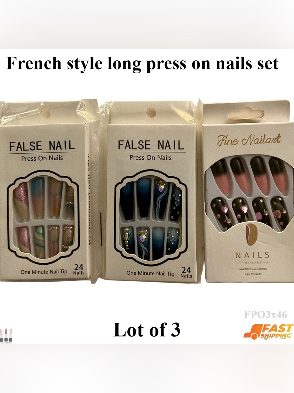 French style long press on nails set lot of 3